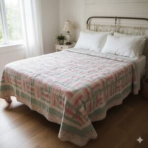 Log Cabin Handmade Quilt F/Q Patchwork Pink Cotton Floral Country Cottage 77x97